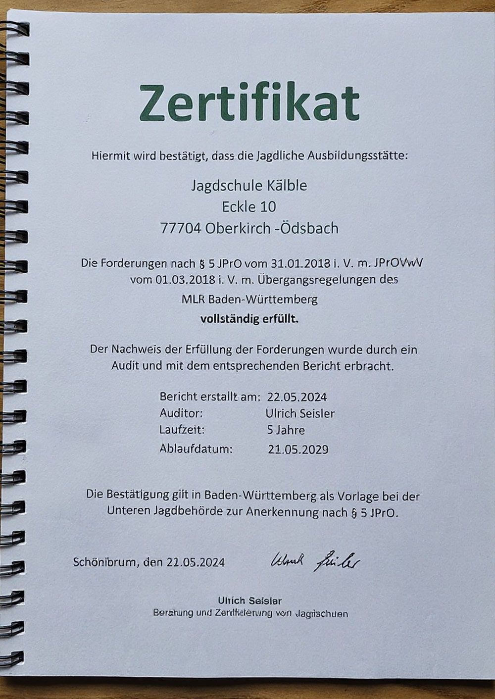 Zertifikat: Anerkennung der Jagdschule Kälble nach § 5 JPrO Baden-Württemberg